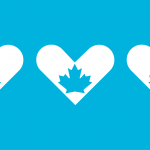 light blue blackground with three white hearts with light blue Canadian maple leaves in the middle