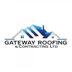 gateway roofing logo with business name and roof line in blue and black