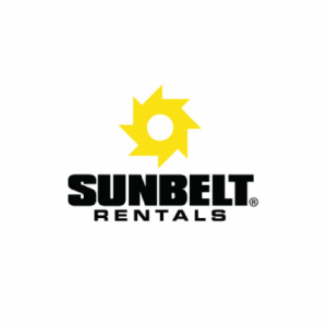 "sunbelt rentals" in black and yellow sun with hole in middle, forming a logo
